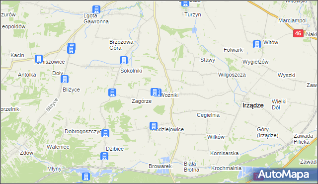 mapa Woźniki gmina Irządze, Woźniki gmina Irządze na mapie Targeo