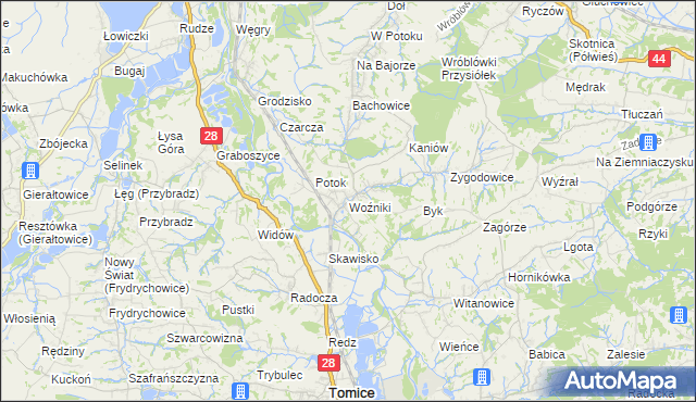 mapa Woźniki gmina Tomice, Woźniki gmina Tomice na mapie Targeo