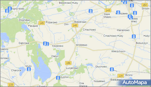 mapa Wróblewo gmina Wronki, Wróblewo gmina Wronki na mapie Targeo