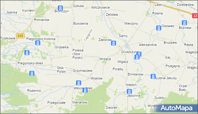 mapa Wrząca gmina Błaszki, Wrząca gmina Błaszki na mapie Targeo