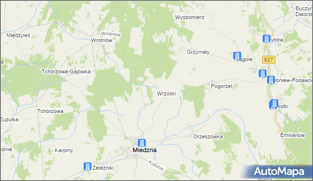 mapa Wrzoski gmina Miedzna, Wrzoski gmina Miedzna na mapie Targeo