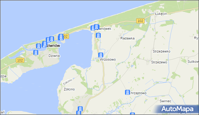 mapa Wrzosowo gmina Kamień Pomorski, Wrzosowo gmina Kamień Pomorski na mapie Targeo