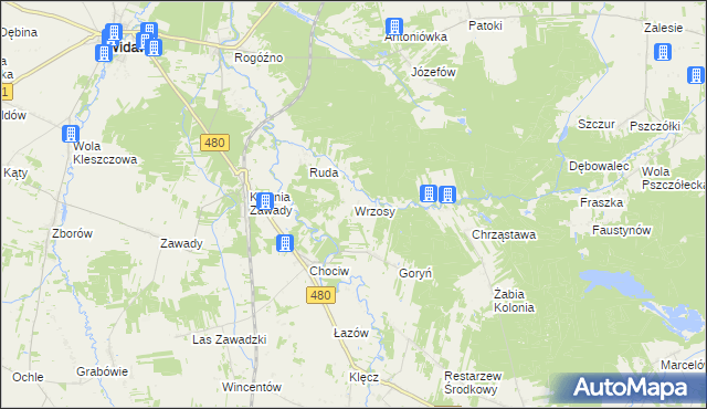 mapa Wrzosy gmina Widawa, Wrzosy gmina Widawa na mapie Targeo