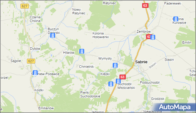 mapa Wymysły gmina Sabnie, Wymysły gmina Sabnie na mapie Targeo