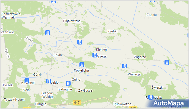mapa Wyżega gmina Łyse, Wyżega gmina Łyse na mapie Targeo