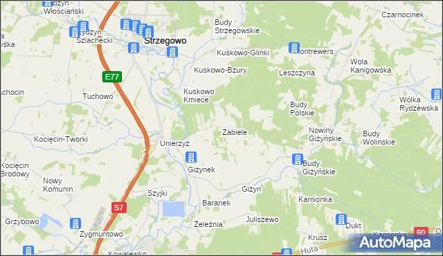 mapa Zabiele gmina Strzegowo, Zabiele gmina Strzegowo na mapie Targeo