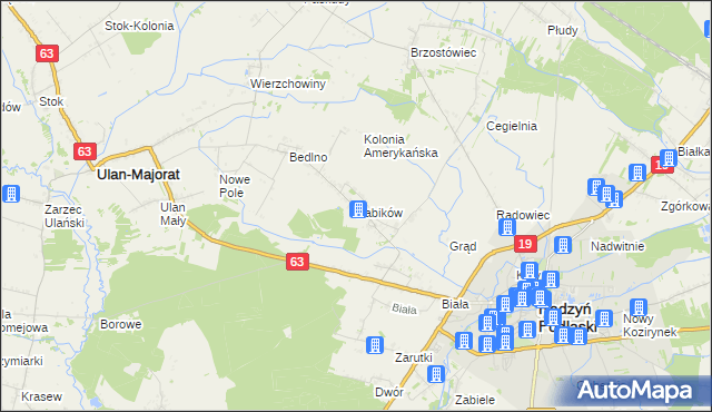 mapa Żabików gmina Radzyń Podlaski, Żabików gmina Radzyń Podlaski na mapie Targeo