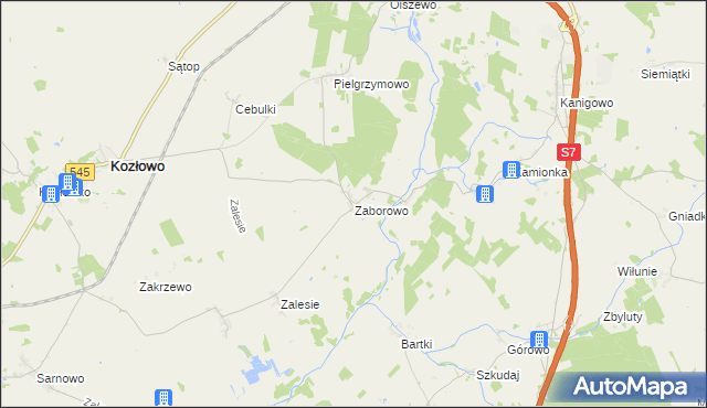 mapa Zaborowo gmina Kozłowo, Zaborowo gmina Kozłowo na mapie Targeo