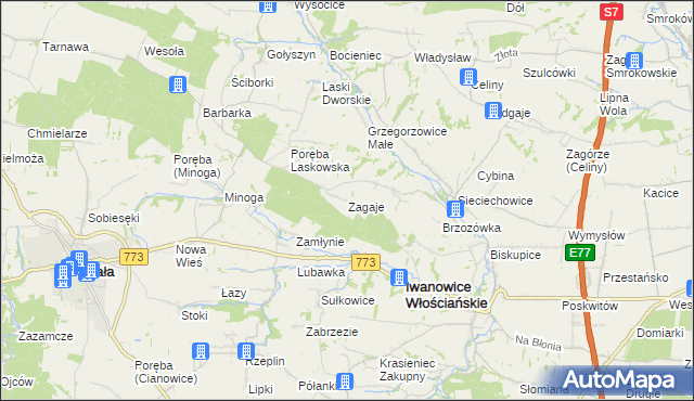 mapa Zagaje gmina Iwanowice, Zagaje gmina Iwanowice na mapie Targeo