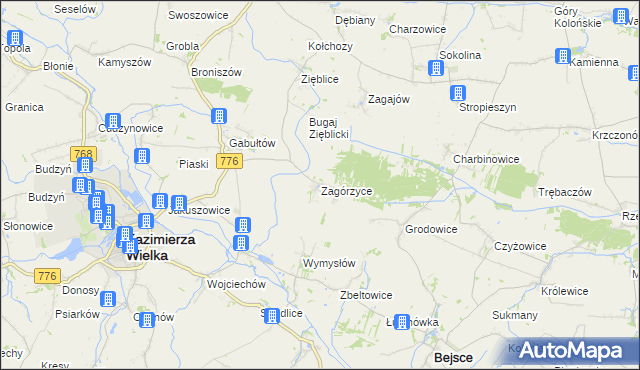 mapa Zagórzyce gmina Kazimierza Wielka, Zagórzyce gmina Kazimierza Wielka na mapie Targeo