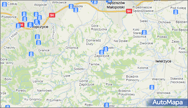 mapa Zagorzyce gmina Sędziszów Małopolski, Zagorzyce gmina Sędziszów Małopolski na mapie Targeo