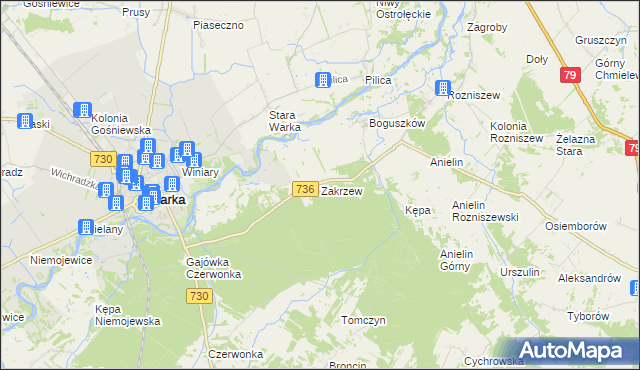 mapa Zakrzew gmina Grabów nad Pilicą, Zakrzew gmina Grabów nad Pilicą na mapie Targeo