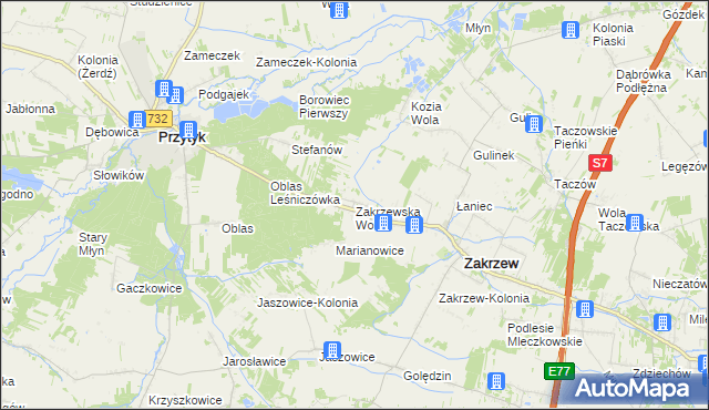 mapa Zakrzewska Wola gmina Zakrzew, Zakrzewska Wola gmina Zakrzew na mapie Targeo