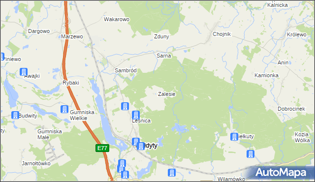 mapa Zalesie gmina Małdyty, Zalesie gmina Małdyty na mapie Targeo