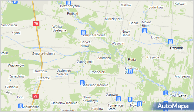 mapa Zastocze gmina Zwoleń, Zastocze gmina Zwoleń na mapie Targeo
