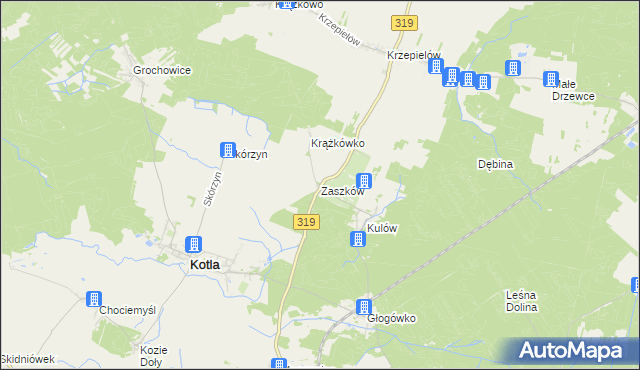mapa Zaszków gmina Kotla, Zaszków gmina Kotla na mapie Targeo