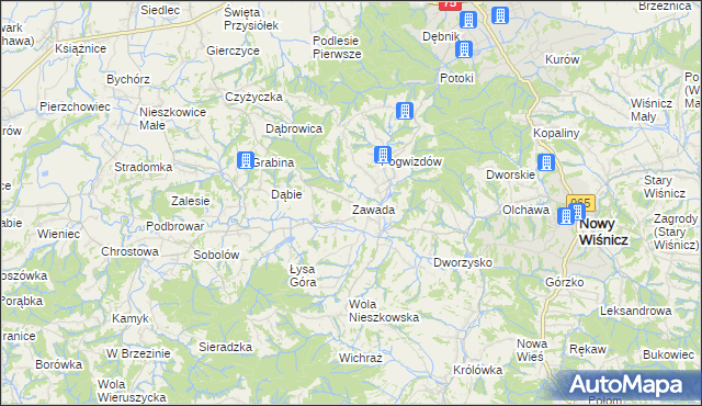 mapa Zawada gmina Bochnia, Zawada gmina Bochnia na mapie Targeo