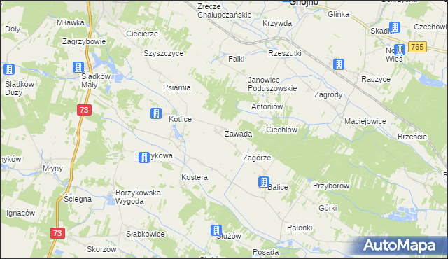 mapa Zawada gmina Gnojno, Zawada gmina Gnojno na mapie Targeo