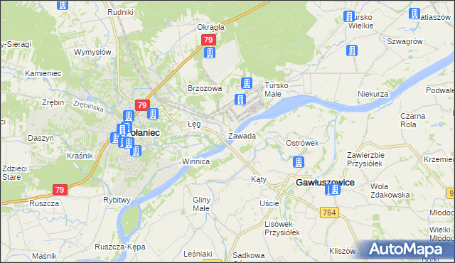 mapa Zawada gmina Połaniec, Zawada gmina Połaniec na mapie Targeo