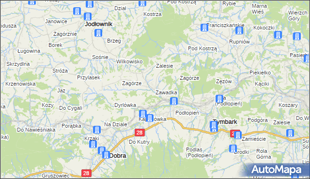 mapa Zawadka gmina Tymbark, Zawadka gmina Tymbark na mapie Targeo