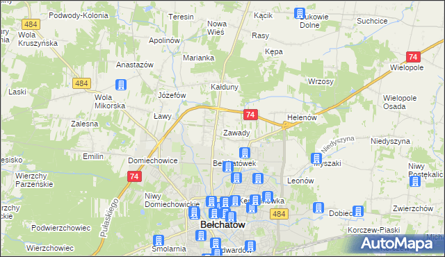 mapa Zawady gmina Bełchatów, Zawady gmina Bełchatów na mapie Targeo