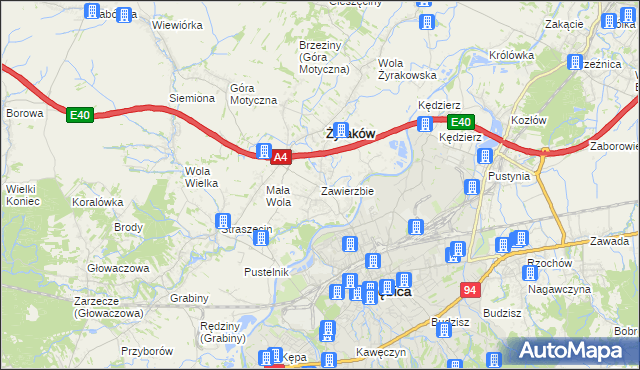 mapa Zawierzbie gmina Żyraków, Zawierzbie gmina Żyraków na mapie Targeo