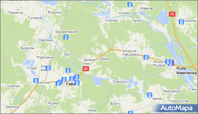 mapa Zbójno gmina Fałków, Zbójno gmina Fałków na mapie Targeo