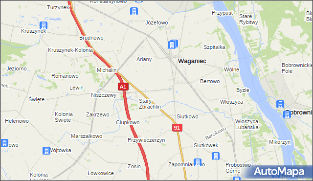 mapa Zbrachlin gmina Waganiec, Zbrachlin gmina Waganiec na mapie Targeo