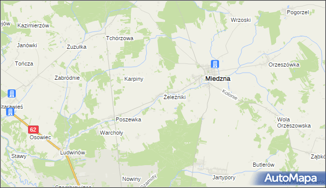 mapa Żeleźniki gmina Miedzna, Żeleźniki gmina Miedzna na mapie Targeo