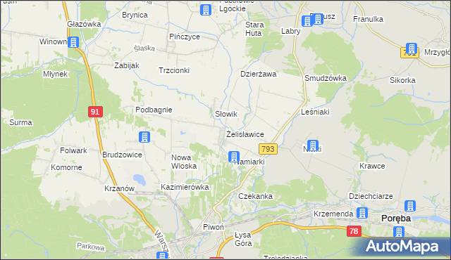 mapa Żelisławice gmina Siewierz, Żelisławice gmina Siewierz na mapie Targeo