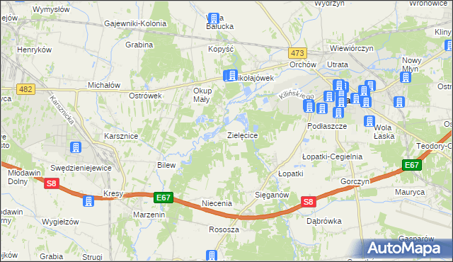 mapa Zielęcice gmina Łask, Zielęcice gmina Łask na mapie Targeo