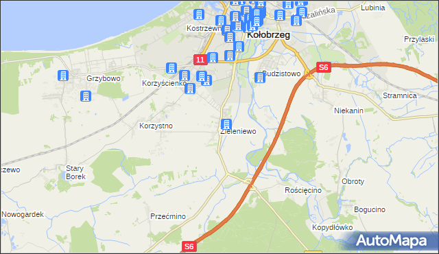 mapa Zieleniewo gmina Kołobrzeg, Zieleniewo gmina Kołobrzeg na mapie Targeo