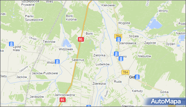 mapa Zielonka gmina Gidle, Zielonka gmina Gidle na mapie Targeo