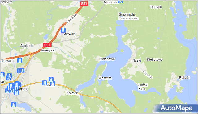 mapa Zielonowo gmina Stawiguda, Zielonowo gmina Stawiguda na mapie Targeo