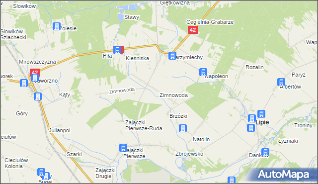 mapa Zimnowoda gmina Lipie, Zimnowoda gmina Lipie na mapie Targeo