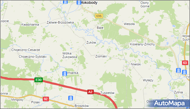 mapa Ziomaki gmina Mokobody, Ziomaki gmina Mokobody na mapie Targeo
