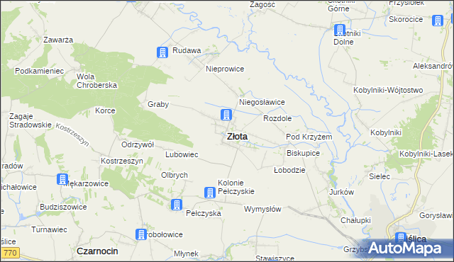 mapa Złota powiat pińczowski, Złota powiat pińczowski na mapie Targeo