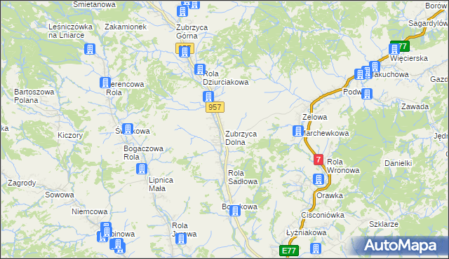 mapa Zubrzyca Dolna, Zubrzyca Dolna na mapie Targeo