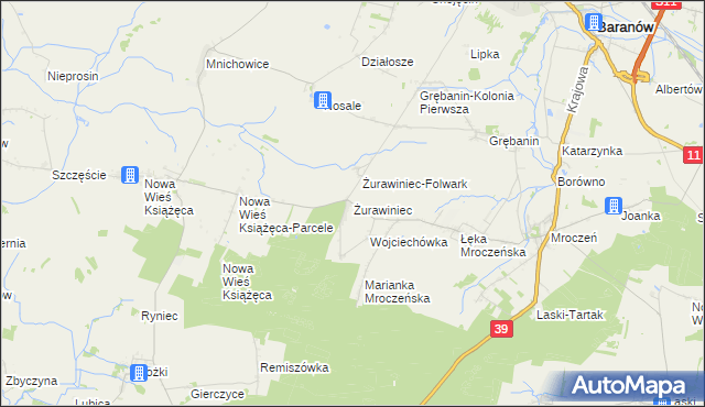 mapa Żurawiniec gmina Baranów, Żurawiniec gmina Baranów na mapie Targeo