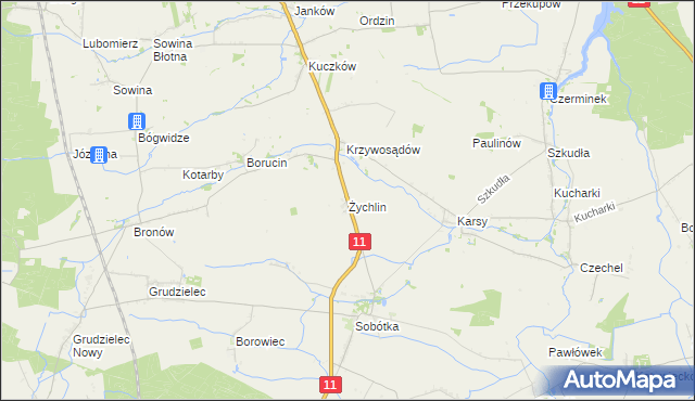 mapa Żychlin gmina Gołuchów, Żychlin gmina Gołuchów na mapie Targeo