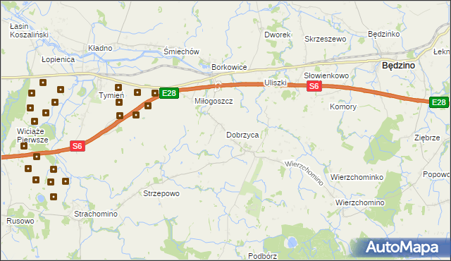 mapa Dobrzyca gmina Będzino, Dobrzyca gmina Będzino na mapie Targeo