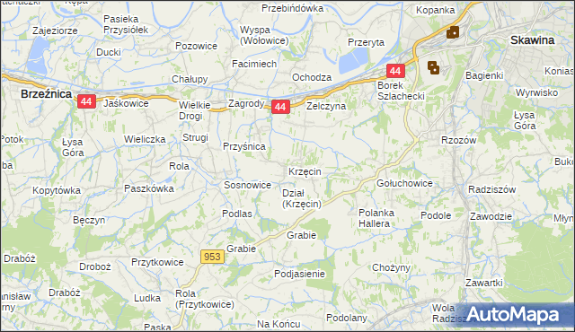 mapa Krzęcin gmina Skawina, Krzęcin gmina Skawina na mapie Targeo