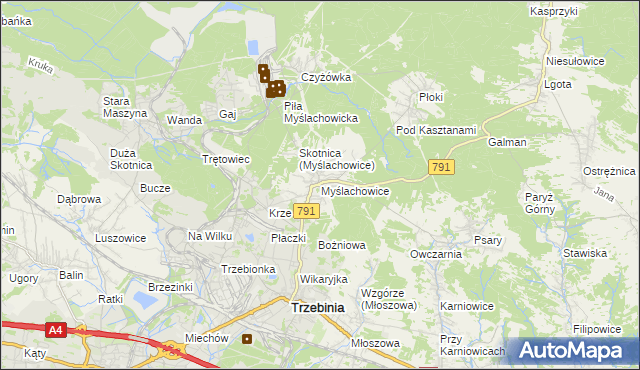 mapa Myślachowice, Myślachowice na mapie Targeo