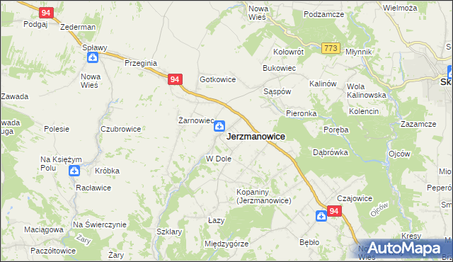 mapa Jerzmanowice gmina Jerzmanowice-Przeginia, Jerzmanowice gmina Jerzmanowice-Przeginia na mapie Targeo