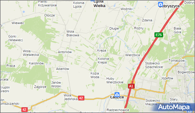 mapa Kolonia Krępa gmina Lgota Wielka, Kolonia Krępa gmina Lgota Wielka na mapie Targeo