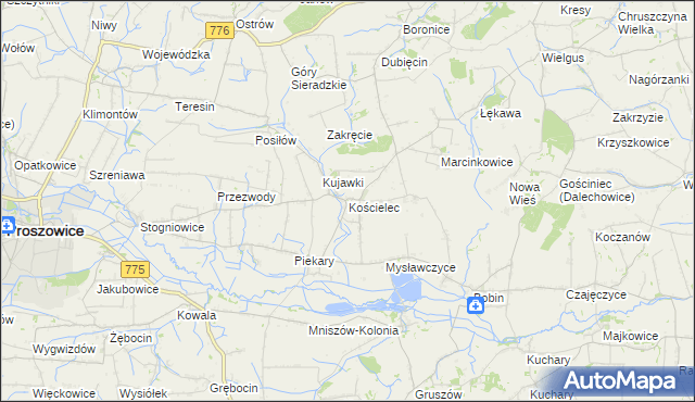 mapa Kościelec gmina Proszowice, Kościelec gmina Proszowice na mapie Targeo