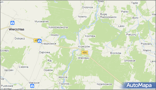 mapa Krzeczów gmina Wierzchlas, Krzeczów gmina Wierzchlas na mapie Targeo