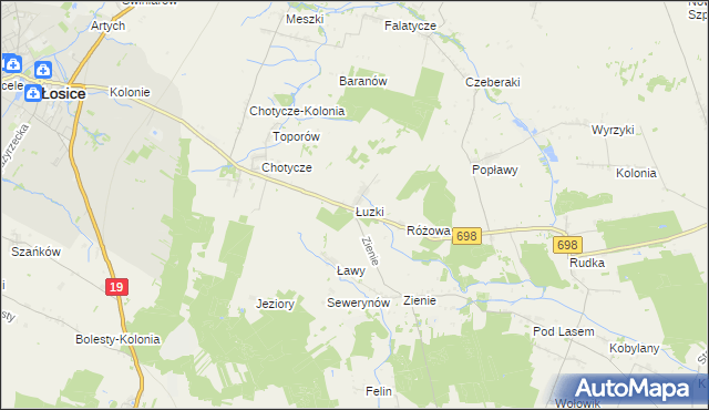 mapa Łuzki gmina Łosice, Łuzki gmina Łosice na mapie Targeo