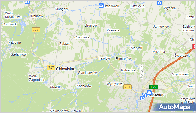 mapa Pawłów gmina Chlewiska, Pawłów gmina Chlewiska na mapie Targeo
