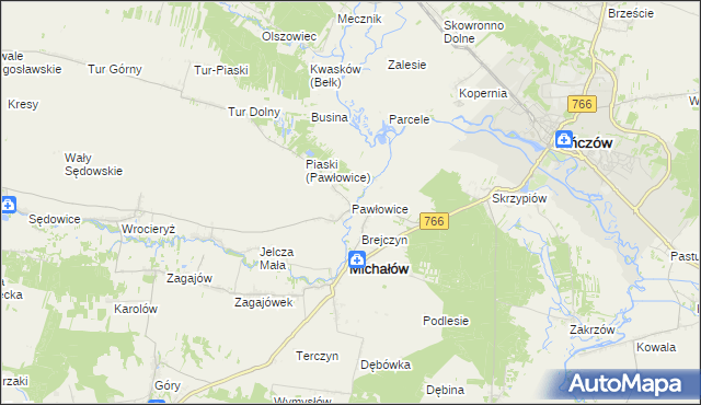 mapa Pawłowice gmina Michałów, Pawłowice gmina Michałów na mapie Targeo